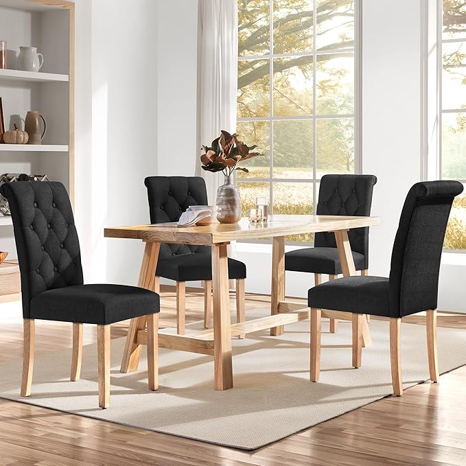 Yaheetech Dining Chairs Set of 4 Fabric Upholstered Button Tufted Dining Chairs with Solid Wood Legs and for Home, Kitchen, Restaurant, Black