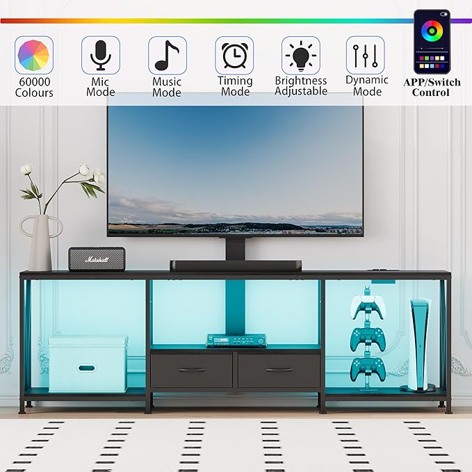 63" W TV Stand with Mount for 50,55,65,75" TV,Entertainment Center with Power Outlet and Led Lights,Height Adjustable TV Console Table with Open Storage Shelves and Fabric Drawers (Black)