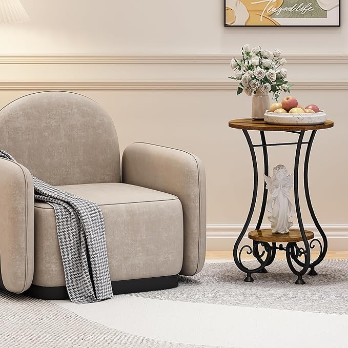X-cosrack End Table, Round Side Table for Small Spaces, Coffee Tea Table Nightstand Home Decor for Living Room Balcony Bedroom Office,Rustic Brown & Black,15.75" L x 15.75" W x 24.0" H