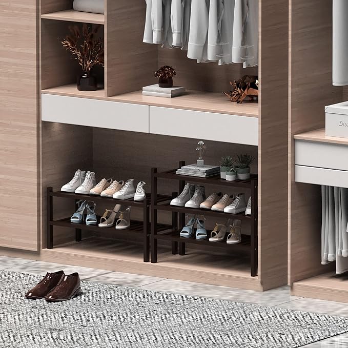 3 Tier (Thick) Bamboo Shoe Rack for Closet Free Standing Wood Shoe Shelf for Entryway Small Space Stackable 27"x12"x21" (Black Brown)