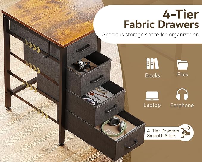 Casaottima 40-Inch Small Desk with 4 Fabric Drawers, Compact Study Desk for Students and Kids, Space-Saving Work Table for Bedroom or Small Spaces, Vintage