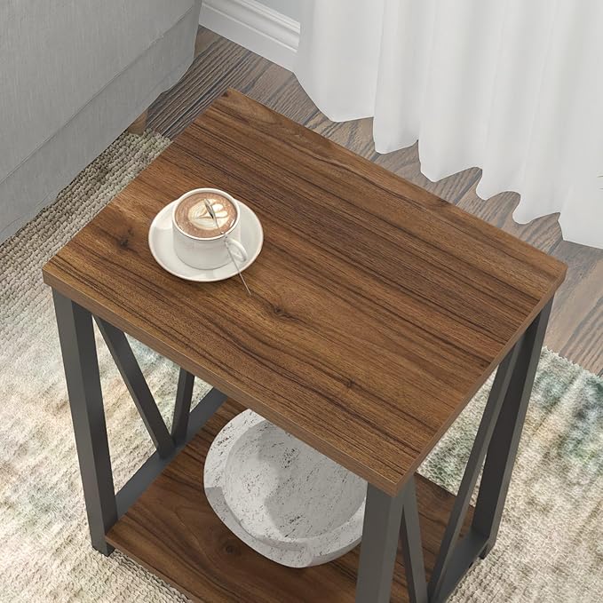 FOLUBAN Small End Table, Rustic Wood and Metal Side Table with Storage, Modern Night Stand for Living Room Bedroom Office, Walnut