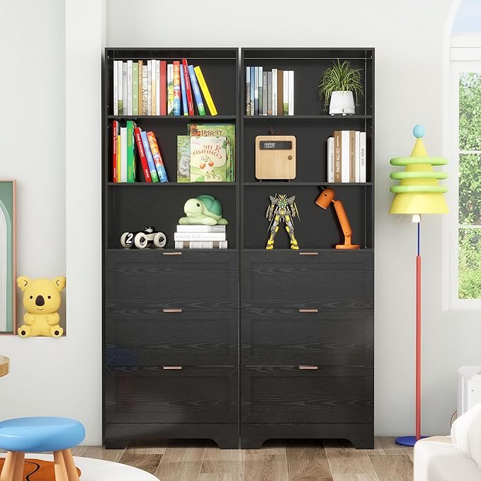 Modern Black Bookshelves and Bookcases with Drawers, 6 Tier Tall Bookshelf with Drawers, Industrial Wood Bookcase, Floor Standing Display Case with Storage,Living Room,Office