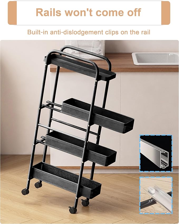 UMDONX Slim Storage Cart 4 Tier with Pull Out Basket Bathroom Organizer Rolling cart, Rolling Utility Cart Slide Out Organizer for Kitchen, Bathroom, Laundry Black