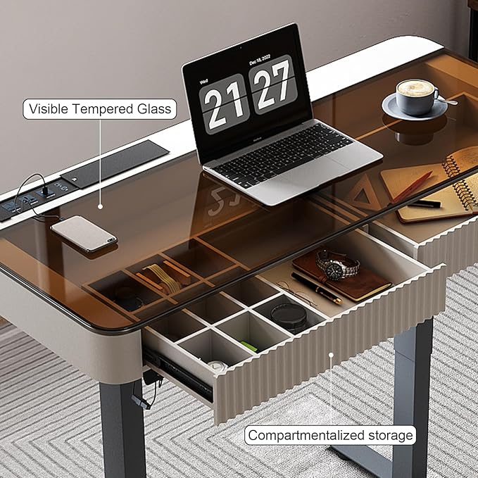 Lartis Office Desk, Electric Computer Lift Table Standing Desk with Drawer Charging USB Port, Home Office Laptop Table with Drawer