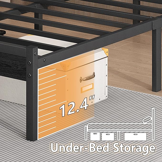14 Inch Classic Metal Platform Bed Frame-Queen Bed Frame with Headboard,Steel Slats Support-LED Bed Frame with USB Charging Station,Under Bed Storage,No Box Spring Needed,Noise Free