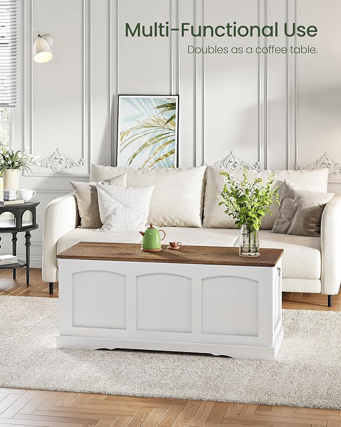 39.4" Storage Chest Bench with Lift Lid, Toy Chest with Safety Hinge, Entryway Shoe Bench, Wooden Storage Trunk, Holds up to 220 lb, for Living Room, Bedroom, Hall, White and Walnut MCW12WL