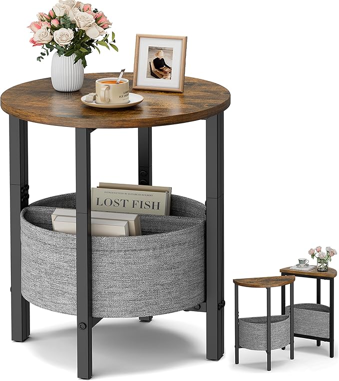 Vagusicc Small Round Side Table, Accent End Table with Storage Basket, Set of 2 Half Round Tables End Table, Coffee Bedside Table Half Moon Tables, Modern Nightstand for Living Room Bedroom, Brown