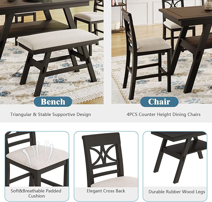 Merax 6 Piece Counter Height Dining Table Set with Storage Shelf, Beige Cushion, Bench and 4 Chairs, Espresso