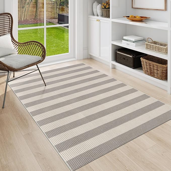 OJIA Outdoor Area Rug 4'x6' Striped Patio Rugs Washable Woven Cotton Indoor Outdoor Rug Living Room Rug Checkered Rug Floor Carpet for Living Room/Dining Room/Deck/Backyard (Gray/White/Tan)