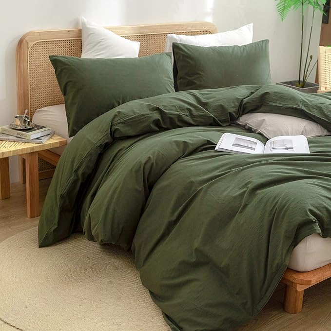 BESTOUCH Duvet Cover Set 100% Washed Cotton Linen Feel Super Soft Comfortable Chic Lightweight 3 PCs Home Bedding Set Olive Green King