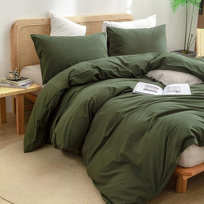 BESTOUCH Duvet Cover Set 100% Washed Cotton Linen Feel Super Soft Comfortable Chic Lightweight 3 PCs Home Bedding Set Solid Olive Green Full/Double
