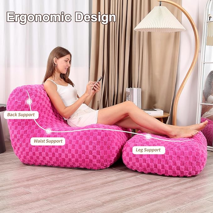 Bean Bag Chair with Footstool, Comfy Reading Sofa Chair for Adults, Modern Floor Sofa for Livingroom, Bedroom, Pink
