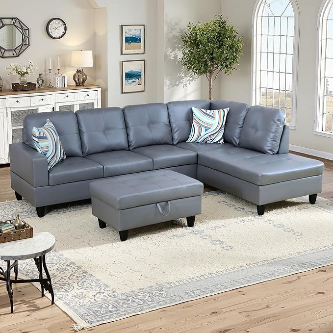 NicBex Sectional Couch 3 Pieces Sofa Set with Left Chaise Synthetic Leather L Shaped Cloud Couch for Living Room Furniture Sets with Storage Ottoman, Modular Sofa for Apartment, Silver Gray