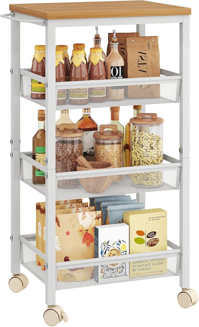 Hoctieon Rolling Storage Cart, 4-Tier Wide Panel Rolling Kitchen Storage Cart, Utility Cart with Handle & Wheels, Mobile Shelving Unit, Metal Frame Narrow Cart for Home Kitchen, Laundry, Oak Beige