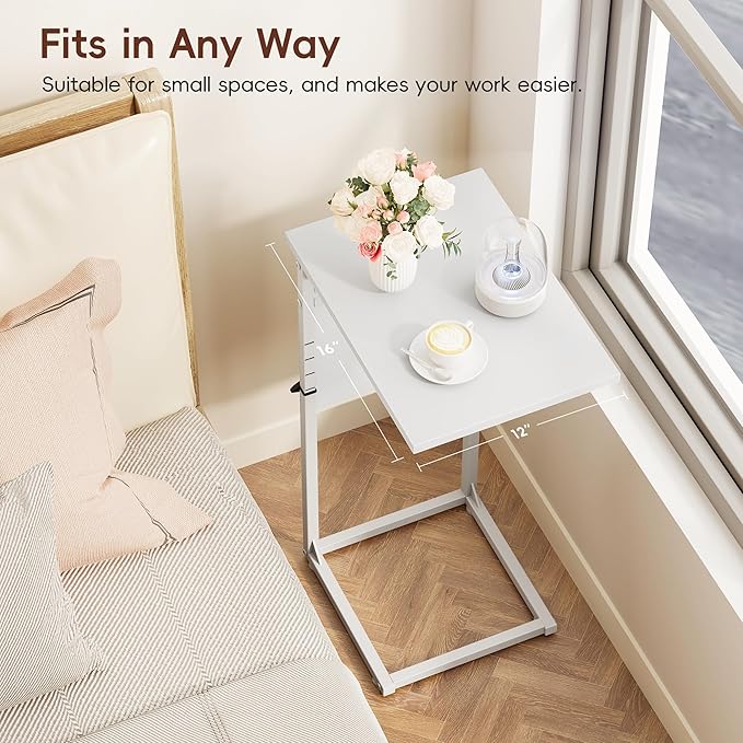 Vagusicc C Shaped End Table, 33" Tall Side Table for Couch, Adjustable Height Recliner Table Small Couch Side Tables, Sofa Tables Slide Under Sofa TV Tray Arm C Table for Living Room, Bedroom, White