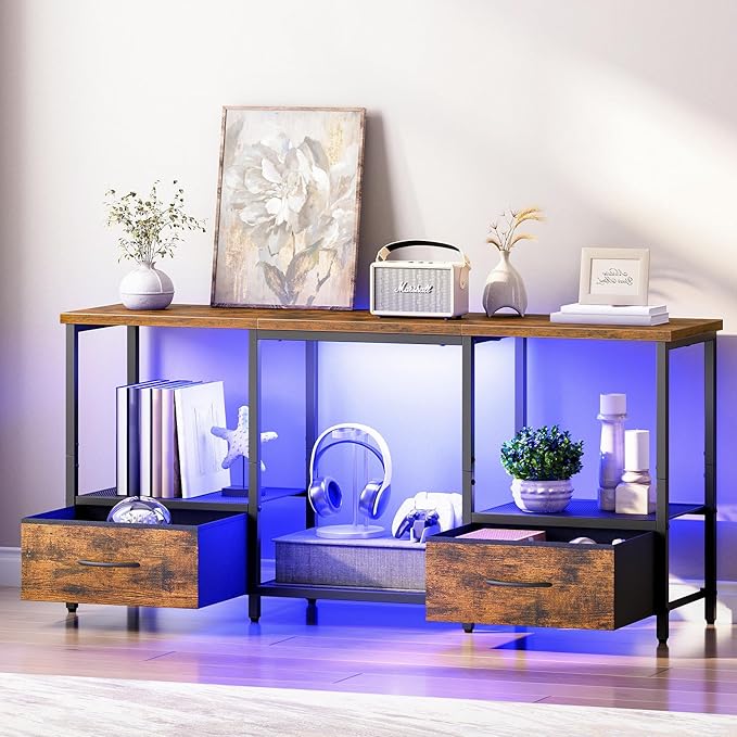 HOOBRO LED TV Stand with Storage, LED Entertainment Center with Open Shelves and Drawer, Fits TVs up to 55", Television Stand for Living Room, Bedroom, Rustic Brown and Black BF123DDS01