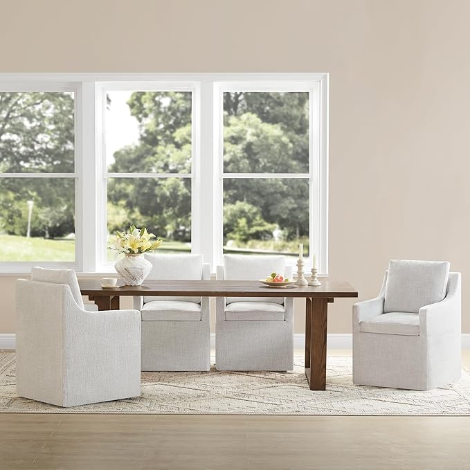 Upholstered Dining Chairs with Casters Easy Assembly Side Deskchair with Rollers for Diningroom, Living Room, Linen, 4 Box