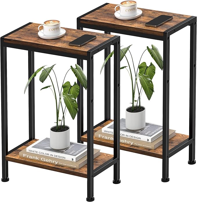Narrow Side Table for Small Space Set of 2, 2-Tier Small End Table with Shelf Holder, Slim Nightstand, Skinny Snack Couch Table in Living Room, Bedroom, Study, Kitchen and Balcony（Rustic Brown
