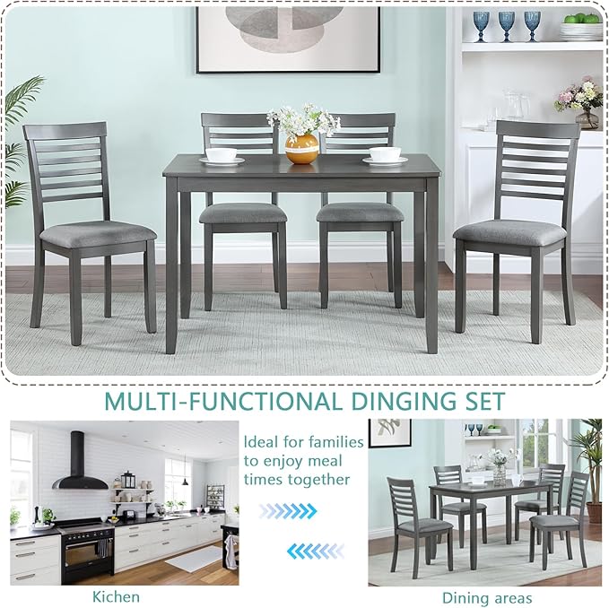KEIKI 5-Piece Standard Height Dining Table Set with Rectangular Table and 4 Upholstered Ladder Backrset Chair, for 4 Person, Modern Wooden Table Set, Easy Assembly, for Kitchen, Dining Room, Gray