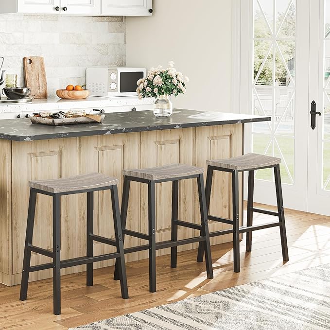 HOOBRO Bar Stools, Set of 2 Chairs, 23.6 Inch Saddle Kitchen Counter Stools With Footrests, Industrial for Dining Room, Kitchen, Counter, Bar, Greige and Black BG02MD01