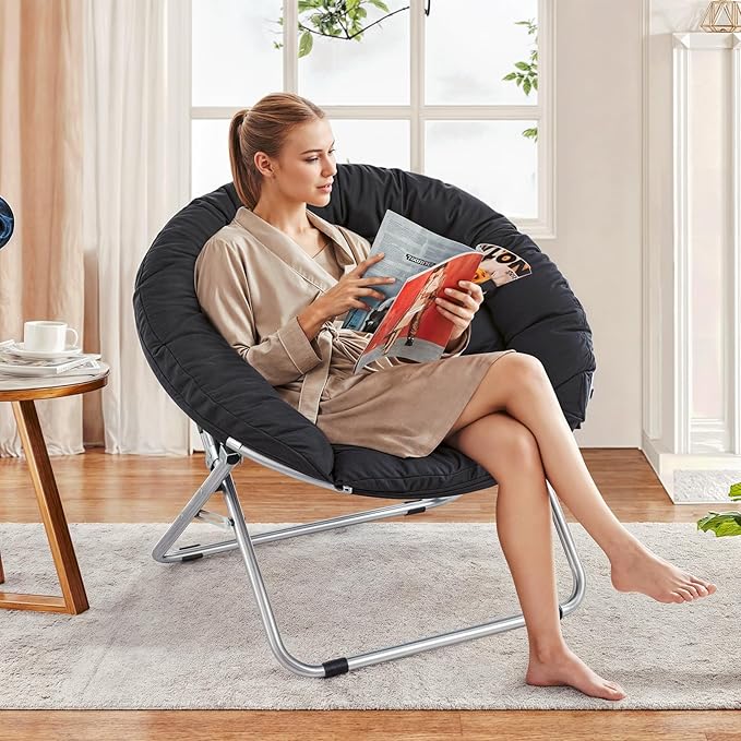MoNiBloom Round Folding Saucer Chair for Bedroom Living Room Dorm Foldable Metal Frame Comfy Soft Lounge Lazy Cozy Moon Chair for Teens (Black)