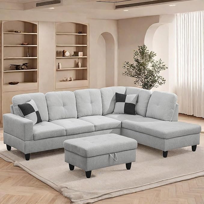 L Shaped Sectional Couches, Lounge Modular Sectional Sofa with Ottoman Storage, Modern Comfy L Shaped Couch for Living Room Furniture Sets, Bedroom, Gray