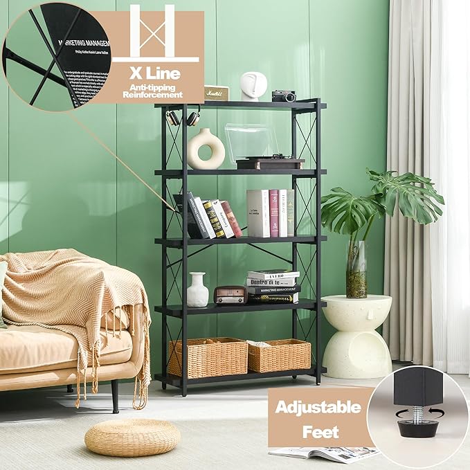 HCHQHS Bookshelf, 5-Tier Industrial Bookcase, Black Open Book Shelf, Freestanding Tall Bookshelves with Metal Frame