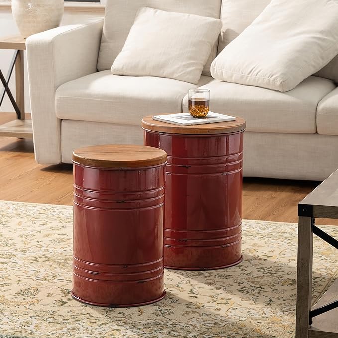Glitzhome Farmhouse Accent Side Table, Metal Storage Stool Ottoman with Round Lid - Galvanized Coffee Cocktail End Tables Set of 2 for Living Room Bedroom, Red