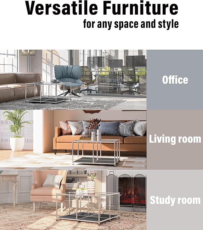 Matte Coffee Table with Open Storage, Square Tempered Glass Storage Rolling Coffee Table, Modern Design for Living Room, Meeting Room (Grey)