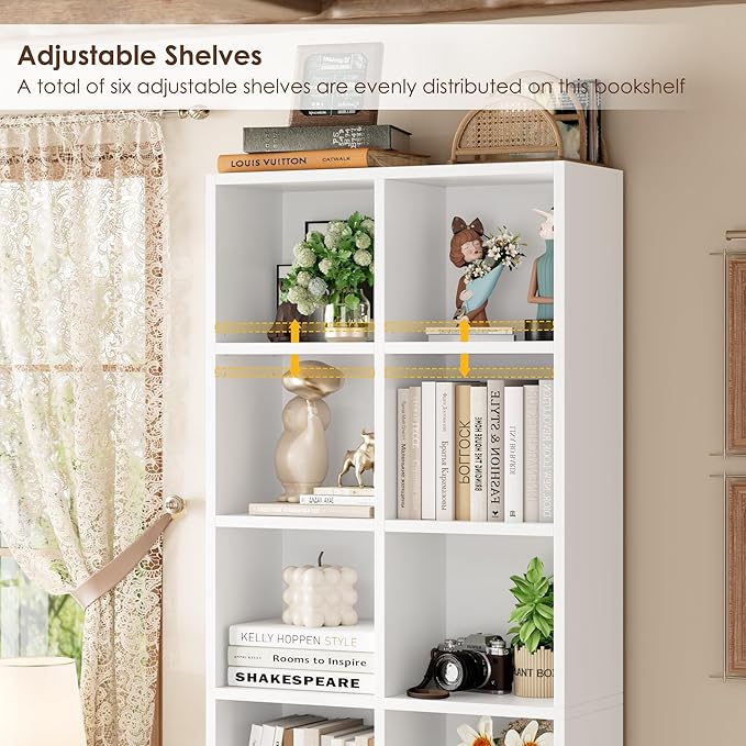 FOTOSOK 71'' White Bookshelf, Double Wide Media Tower Rack CD DVD Rack Display Cabinet with Adjustable Shelves, Tall Narrow Bookcase Bookshelf for Home Office, White