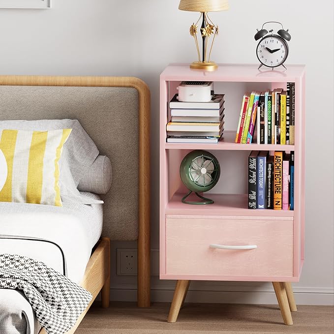 Night Stand, Pink Kids Nightstand with Drawer, Nursery Side Table with Open Storage, 3-Tier Modern End Table, Bedside Table for Small Space, Living Room, Bedroom
