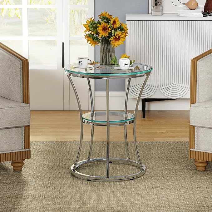O&K FURNITURE Round End Table with Tempered Glass, Small Silver Side Table for Small Spaces, Nightstand with Shelf for Living Room, Bedroom, Office,Chrome Finish, 1 PC