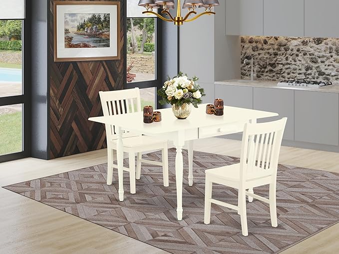 East West Furniture MZNO3-LWH-W 3 Piece Kitchen Table Set for Small Spaces Contains a Rectangle Dining Room Table with Dropleaf and 2 Solid Wood Seat Chairs, 36x54 Inch, Linen White