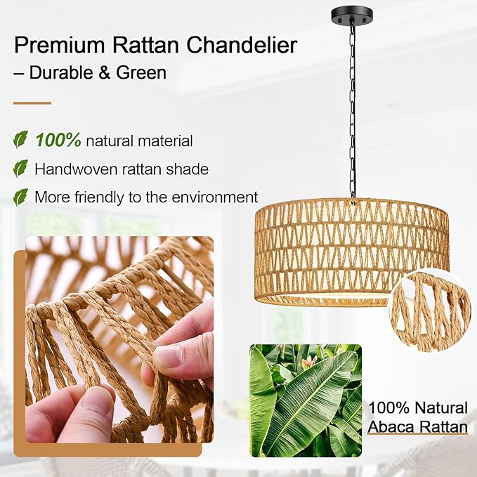 Farmhouse Chandeliers for Dining Room, Hand Woven 5-Light Rattan Pendant Light, Boho Rattan Chandelier with Linen Shade, Rustic Hanging Lighting for Bedroom and Kitchen Island (Bulb Not Included)