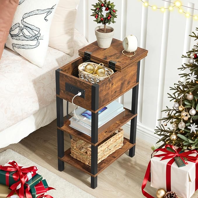HOOBRO End Table with Charging Station, Flip Top Side Table with USB Ports, Narrow Nightstand Bedside Tables with Storage Shelves, for Small Space, Living Room, Rustic Brown and Black BF141UBZ01
