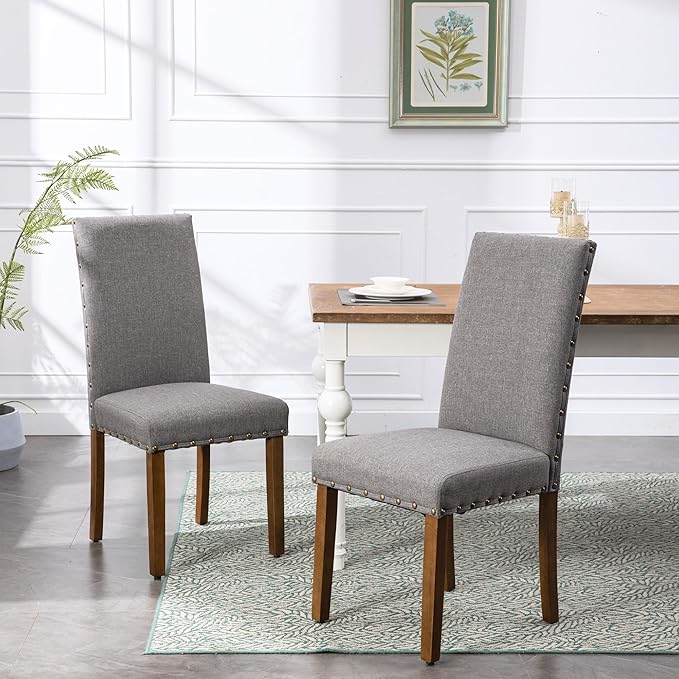 Parsons Kitchen Dining Chair Set Room Modern Upholstered Stylish Fabric High Back with Bronze Nailhead Trim
