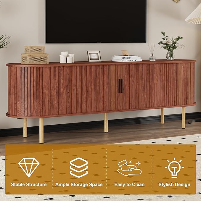 70.1" TV Stand, Modern TV Console Table with Storage Compartment and Sliding Door, Gaming Entertainment Center with Cabinet for Living Room, Bedroom, Office, Walnut