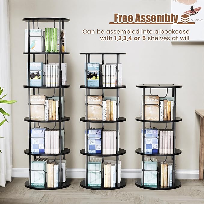 Rotating Bookshelf, 4 Tier Spinning Bookshelf Tower, 360° Display Round Bookcase, Floor Standing Corner Revolving Bookshelf Organizer Storage Rack for Small Spaces, Home Study Office, Black