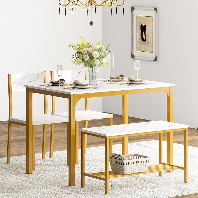 SogesHome Kitchen Table Set for 4, Compact Dining Table Chair Set with Bench, 4 Piece Table with Built-in Storage Racks, Metal Frame, for Apartment, Restaurant, Gold