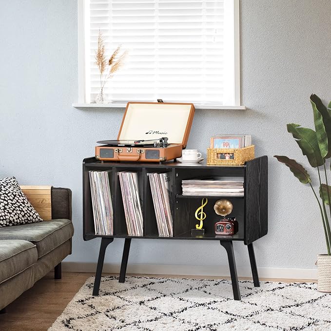 Lerliuo Record Player Stand with 4 Cabinet Holds Up to 220 Albums, Large Turntable Stand with Beech Wood Legs, Mid-Century Record Player Table,Black Vinyl Holder Storage Shelf for Bedroom Living Room