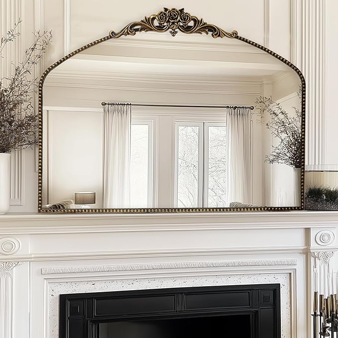AIXI HOME Black Arched Mirror, 40" x 30" Traditional Vintage Antique Mantel Mirror with Ornate Metal Frame, Baroque Wall Mounted Mirror for Entryway/Fireplace/Hallway/Bathroom/Living Room/Bedroom