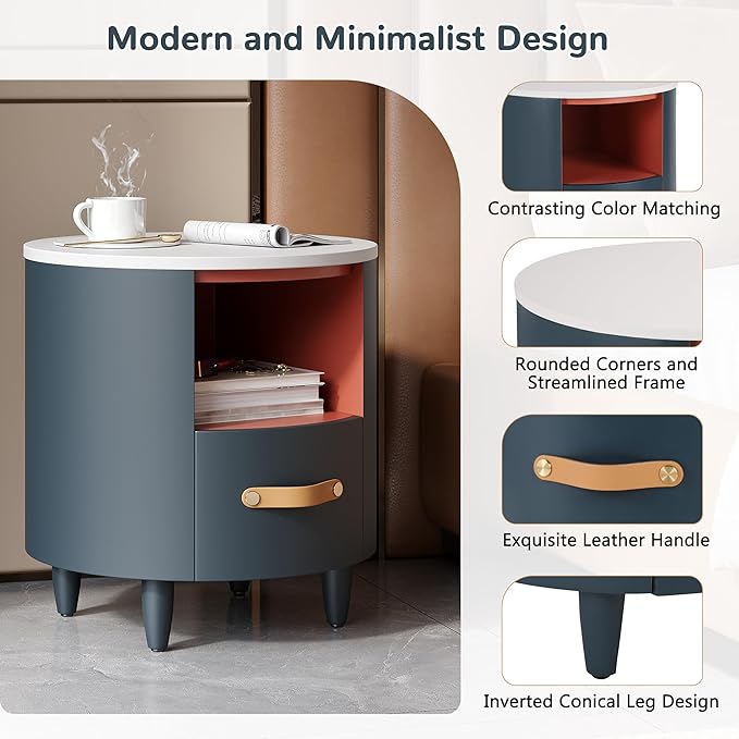 Merax Round Nightstand with Storage Drawer, MDF Contemporary Modern Bedside Table with Open Storage Shelf, Curved Design Sofa End Table for Bedroom & Living Room, Easy Assembly, Blue