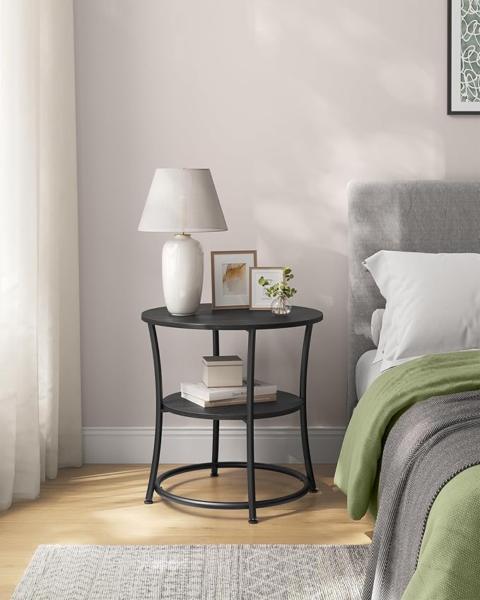 VASAGLE Side Table, 2-Tier Round End Table, Nightstand with Steel Frame for Small Spaces, Living Room, Bedroom, Charcoal Gray and Ink Black