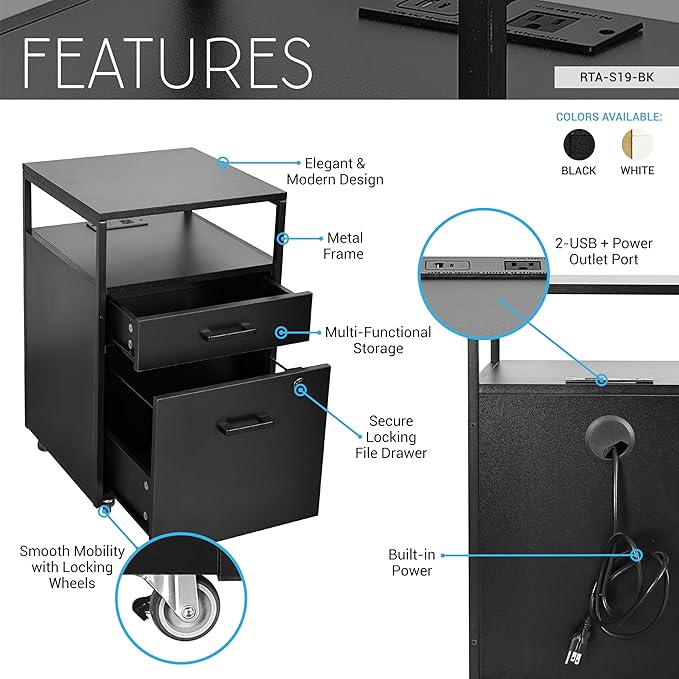 Techni Mobili Modern 2-Drawer Rolling File Cabinet with Lock, 2 USB Ports and Power Outlet for Device Charging, Portable File Organizer or Printer Stand for Office or Home with Locking Wheels, Black