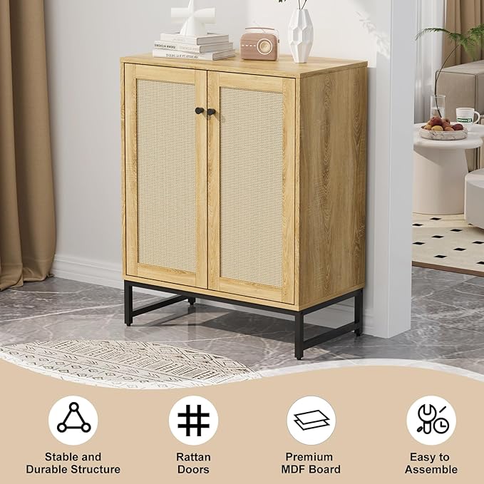 Sideboard Buffet Cabinet, Storage Cabinet with Double Rattan Doors, Modern Rattan Sideboard Cabinet, Kitchen Storage Cabinet with Metal Feet, for Entryway, Bedroom, Living Room (Natural Wood)