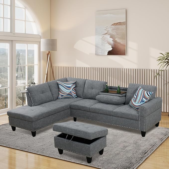 L Shaped Modular Sectional Sofa with Reversible Chaise Lounge, 5-Seater Corner Couch, Linen Upholstery Convertible Sofá w/Movable Ottoman, Cup Holders, 2 Pillows and Rivet Ornament for Living Room