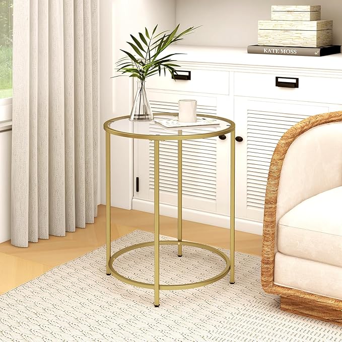 19.7’’ Round Glass End Table, Round Bedside Table with Tempered Glass Top, Gold Glass Side Table with Metal Frame, Modern Round End Table for Living Room Balcony Bedroom Porch Patio