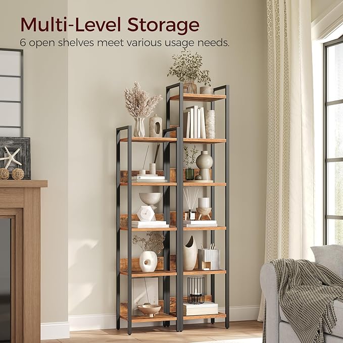 Bookshelf, 6-Tier Bookcase, Standing Book Shelf for Small Space, Storage Shelf Organizer, for Living Room, Bedroom, Study, Balcony, Rustic Brown and Black BKHR6601