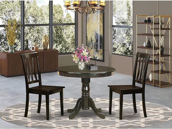 East West Furniture ANTI3-CAP-W 3 Piece Dining Set Contains a Round Kitchen Table with Pedestal and 2 Dining Chairs, 36x36 Inch, Cappuccino